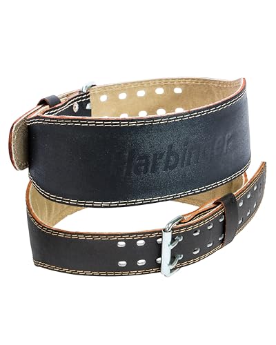 Harbinger Padded Leather Contoured Weightlifting Belt - 4" or 6 Width - Interior Suede Lining & Foam Cushioning - Heavy-Duty Dual Prong Steel Roller Buckle - for Lifting Support