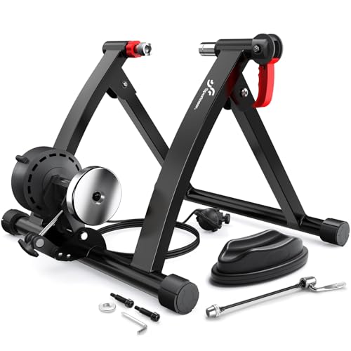 Sportneer Bike Trainer - Magnetic Stationary Bike Stand for 26-28" & 700C Wheels - Adjustable 6 Level Resistance Bike Trainer Stand for Indoor Riding with Quick Release Lever & Front Wheel Riser Block