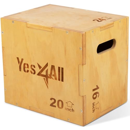 Yes4All Plyo Box, 3-in-1 Wooden Box Jumps for Home Gym (12/14/16 in), 450 lbs Boxes Step Up with Smooth Edges & Wide Built-in Handles for Jumping, Strength Training, Lunges, Squats, Dips