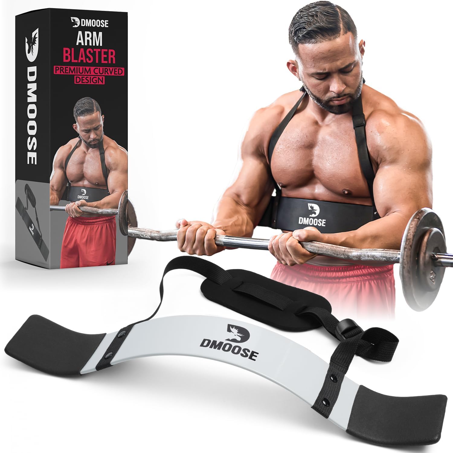 DMoose Fitness Arm Blaster for Biceps and Triceps - Heavy Duty Aluminum, Soft Neck Padding & Adjustable Straps - Bicep Curl Support for Isolation & Strength Training - Biceps Workout Equipment for Men