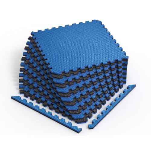 Norsk Reversible Exercise Mats 3/4" Thick EVA Interlocking Foam Tiles, Perfect Home Gym Flooring, 20 Tiles & 40 Trim Pieces, 80 Sq. Ft. 24"x24", Dazzling Blue/Black