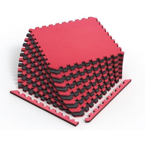 Norsk Reversible Gym Exercise Mats 3/4" Thick EVA Interlocking Foam Tiles, Perfect Home Gym Flooring, 20 Tiles & 40 Trim Pieces, 80 Sq. Ft. Reversible, Red/Black