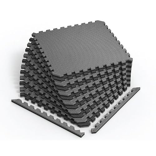 Norsk Reversible Gym Exercise Mats 3/4" Thick EVA Interlocking Foam Tiles, Perfect Home Gym Flooring, 12 Tiles & 24 Trim Pieces, 48 Sq. Ft. Reversible, Gray/Black