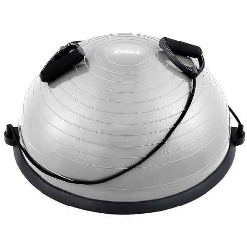ZELUS Balance Ball Trainer with Resistance Bands and Foot Pump, Inflatable Yoga Ball for Home Gym Workouts, 23 Inch Exercise Half Ball for Balance Training Core Strength Fitness More, 330lb Cap
