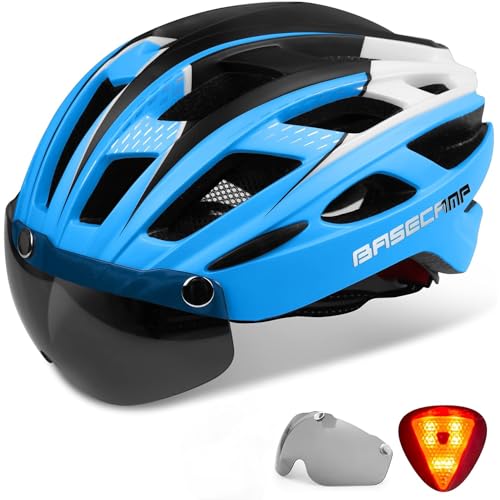 Bike Helmet, Basecamp Bicycle Helmet with Rear Light & Detachable Magnetic Goggles Lightweight Cycling Helmet Adjustable for Adult Men Women Mountain & Road (BC-069)