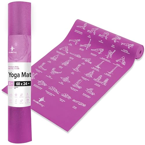 NewMe Fitness Yoga Mat for Women and Men - Large, 5mm Thick, 68 Inch Long, Non Slip Exercise Mats w/ 70 Printed Yoga Poses for Pilates, Workout and Stretching - Home and Gym Essentials