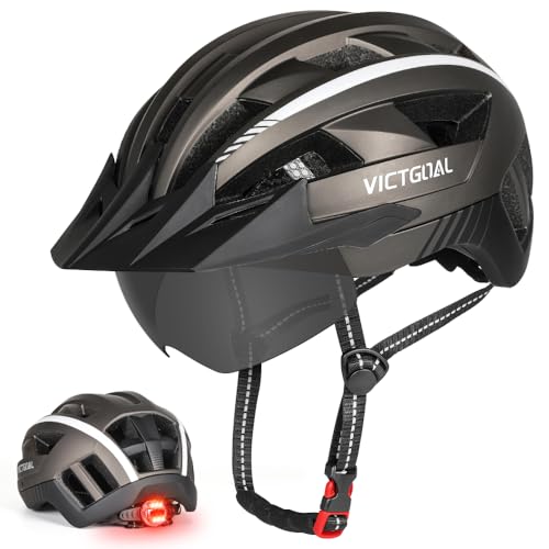 VICTGOAL Bike Helmet for Men Women with Led Light Detachable Magnetic Goggles Removable Sun Visor Mountain & Road Bicycle Helmets Adjustable Size Adult Cycling Helmets