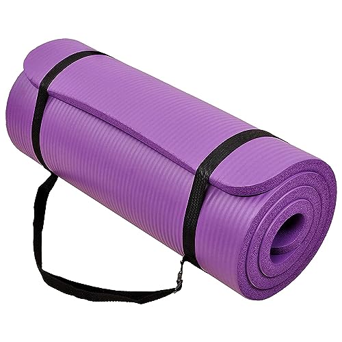 BalanceFrom GoCloud 71x24 Inches Extra Thick Yoga Mat 1-Inch High-Density Foam Roll-Up Exercise Pad with Double-Sided Non-Slip Surface and Carrying Strap for Pilates and Home Workouts