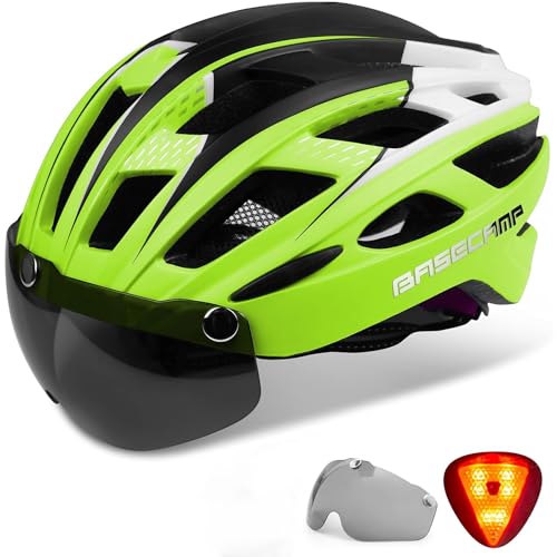 Bike Helmet, Basecamp Bicycle Helmet with Rear Light & Detachable Magnetic Goggles Lightweight Cycling Helmet Adjustable for Adult Men Women Mountain & Road (BC-069)