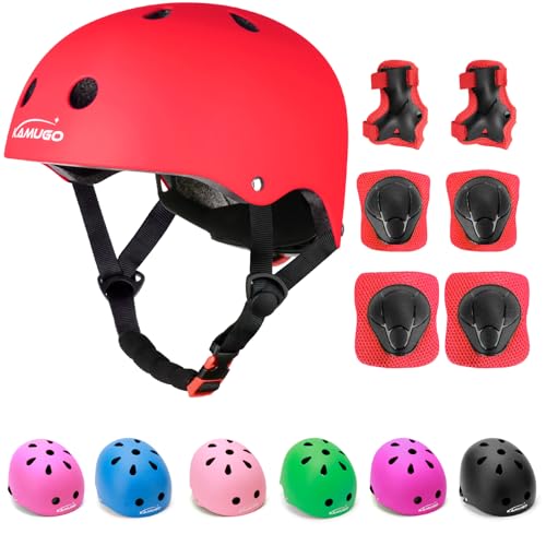 KAMUGO Kids Adjustable Helmet, with Sports Protective Gear Set Knee Elbow Wrist Pads for Toddler Age 2-8 Boys Girls, Bike Skateboard Hoverboard Scooter Rollerblading Helmet Set