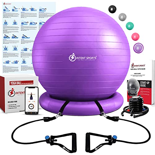 INTENT SPORTS Yoga Ball Chair  Stability Ball with Inflatable Stability Base & Resistance Bands, Fitness Ball for Home Gym, Office, Improves Back Pain, Core, Posture & Balance (65 Cm)