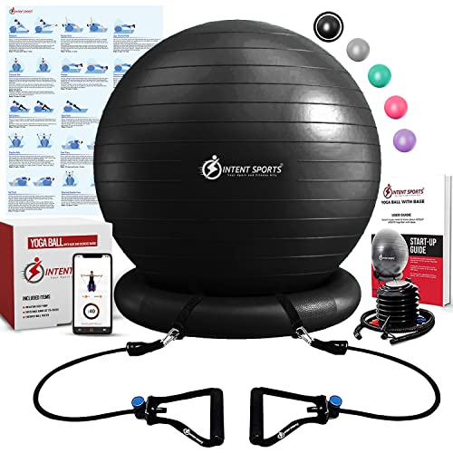 INTENT SPORTS Yoga Ball Chair  Stability Ball with Inflatable Stability Base & Resistance Bands, Fitness Ball for Home Gym, Office, Improves Back Pain, Core, Posture & Balance (65 Cm)