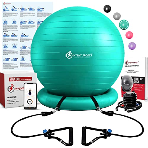 INTENT SPORTS Yoga Ball Chair  Stability Ball with Inflatable Stability Base & Resistance Bands, Fitness Ball for Home Gym, Office, Improves Back Pain, Core, Posture & Balance (65 Cm)