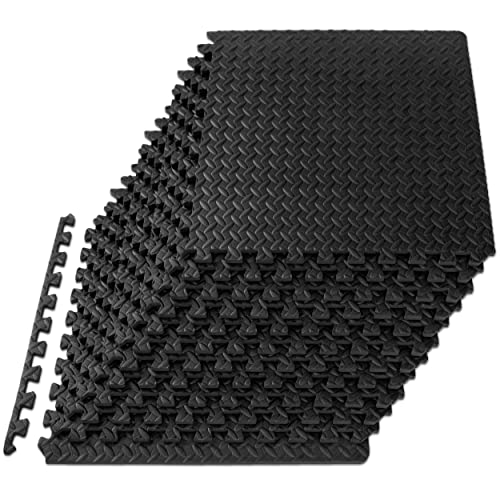 ProsourceFit Puzzle Exercise Mat 12 in, EVA Interlocking Foam Floor Tiles for Home Gym, Mat for Home Workout Equipment, Floor Padding for Kids, Black, 24 in x 24 in x 12 in, 48 Sq Ft - 12 Tiles