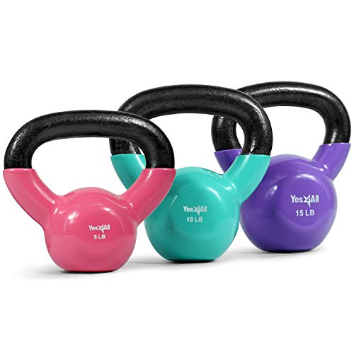Yes4All Kettlebell, Vinyl Coated Kettlebell Cast Iron Sets with Stable Flat Bottom for Full Body Workout, Push up, Grip Strength Training & Weights Exercises
