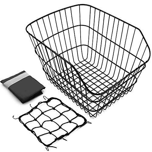 ANZOME Rear Bike Basket, Waterproof Metal Wire Bicycle Basket with Adjustable Cargo Net and Waterproof Rainproof Cover Fits to Most Rear Bike Racks