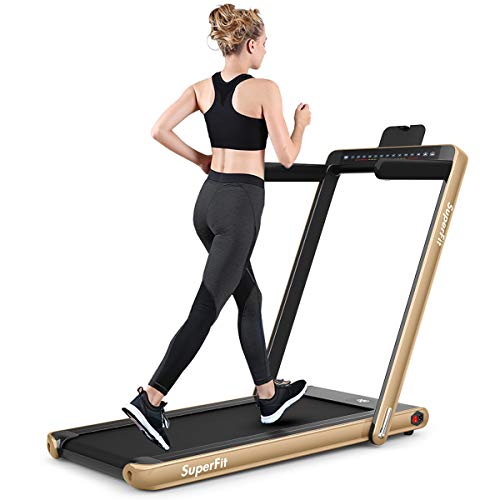 GYMAX Walking Pad, 2.25HP Dual Display Foldable Treadmill for Home with Remote/Smart App Control, Portable Compact Treadmill for Office Under Desk, Folding Running Machine for Small Spaces