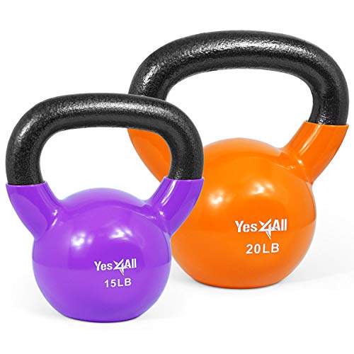Yes4All Kettlebell, Vinyl Coated Kettlebell Cast Iron Sets with Stable Flat Bottom for Full Body Workout, Push up, Grip Strength Training & Weights Exercises