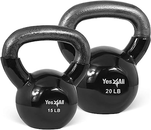 Yes4All Kettlebell, Vinyl Coated Kettlebell Cast Iron Sets with Stable Flat Bottom for Full Body Workout, Push up, Grip Strength Training & Weights Exercises