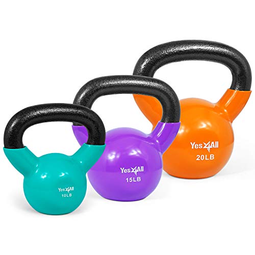 Yes4All Kettlebell, Vinyl Coated Kettlebell Cast Iron Sets with Stable Flat Bottom for Full Body Workout, Push up, Grip Strength Training & Weights Exercises
