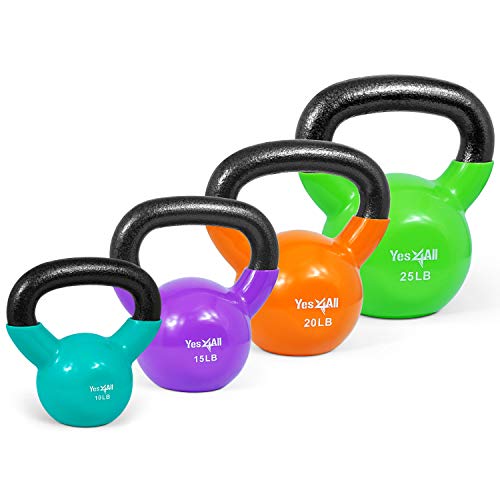 Yes4All Kettlebell, Vinyl Coated Kettlebell Cast Iron Sets with Stable Flat Bottom for Full Body Workout, Push up, Grip Strength Training & Weights Exercises
