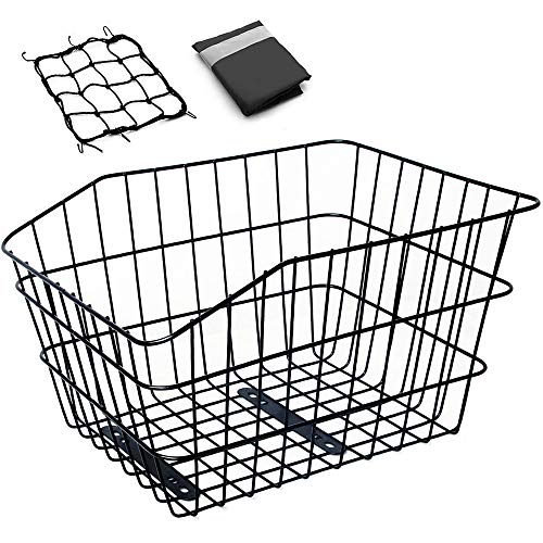 ANZOME Rear Bike Basket, Waterproof Metal Wire Bicycle Basket with Adjustable Cargo Net and Waterproof Rainproof Cover Fits to Most Rear Bike Racks