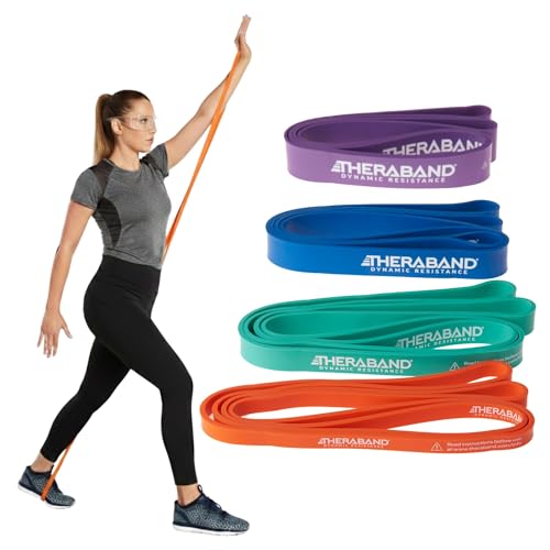 THERABAND High Resistance Bands, Set of 4 Elastic Super Bands for Improving Flexibility, Injury Rehab, & Full Body Workouts, Heavy Duty Stretch Bands for Exercise, Light, Medium, Heavy, X-Heavy Bands