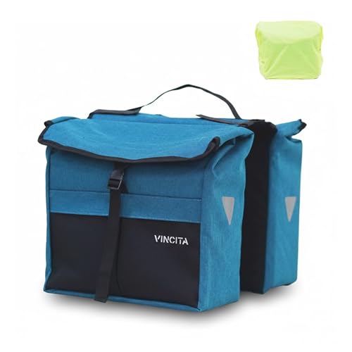 Vincita New Top Load Double Pannier Water Resistant Cycling Side Bags - 12 L with Rain Cover, Carrying Handle, Reflective Spots - Bike Rack Carrier Saddle Bag - Bicycle Accessories (Black/Turquoise)