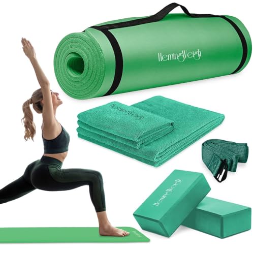HemingWeigh Yoga Mat Thick, Yoga Set for Home Workouts, 1/2 Inch Thick Yoga Mat for Women, Men, Non Slip Yoga Mat with Yoga Foam Blocks, Yoga Strap, 2 Microfiber Towels, Beginner Friendly