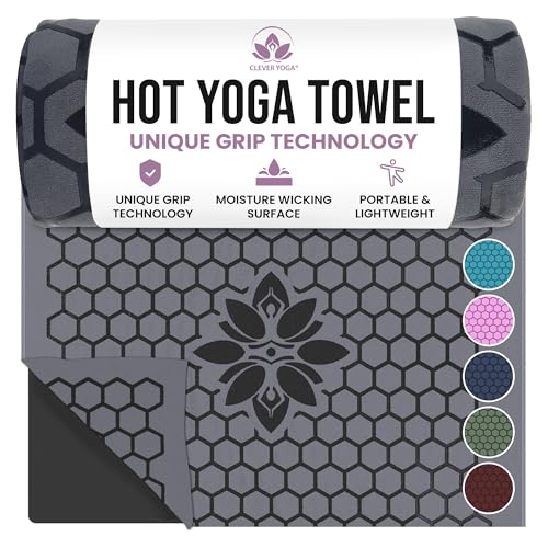 Clever Yoga Non-Slip Hot Yoga Towel  Non-Slip Grip for Hot Yoga, Sweat Absorbent, Honeycomb Silicone Grip, Stays Flat  Ideal for Pilates, Travel, Washable & Lightweight - Gray