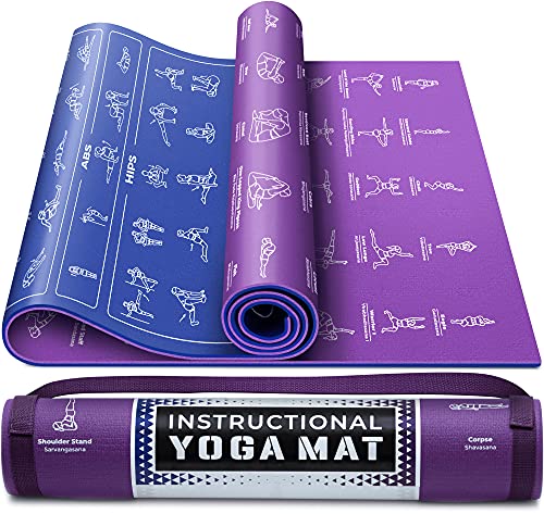 Instructional Yoga Mat with Carrying Strap: Cute Yoga Mat with 75 Illustrated Yoga Poses + 75 Easily-Followed Stretching Exercises - 1/4 Thick, Non-Toxic, Non-Slip Yoga Mats for Women and Men