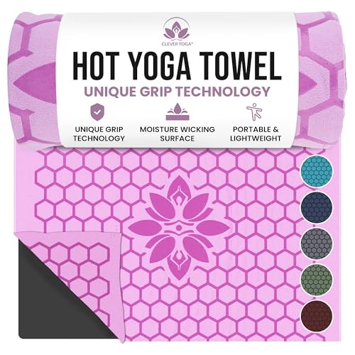 Clever Yoga Non-Slip Hot Yoga Towel  Non-Slip Grip for Hot Yoga, Sweat Absorbent, Honeycomb Silicone Grip, Stays Flat  Ideal for Pilates, Travel, Washable & Lightweight - Lilac