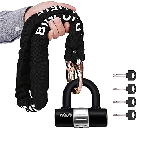 Motorcycle Chain Locks, BIGLUFU 3.3ft/100cm Heavy Duty Long Security Chain, Cut Proof 0.39 inch/10mm Thick Square Chains with 0.63inch/16mm U Lock, Bike Chain Locks for Motorbike, Scooter, Moped