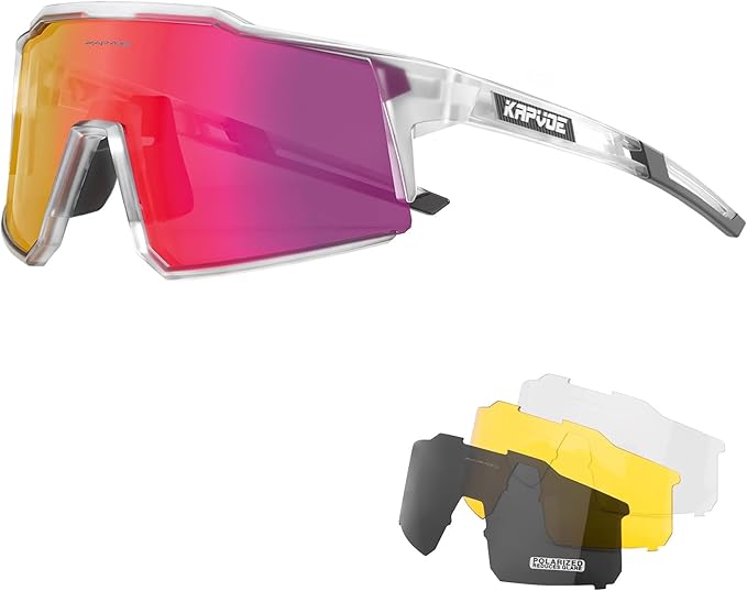 KAPVOE Polarized Cycling Glasses with 4 Interchangeable Lenses TR90 Sports Sunglasses Women Men Running