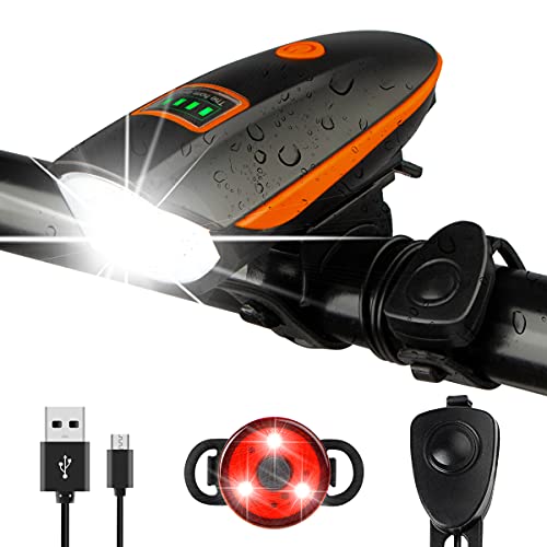 Bike Lights Set with Horn 1400LM USB Rechargeable Bicycle Headlight & Tail Light & Horn Waterproof 3 Lighting Modes Fits Bicycles for Road and Mountain