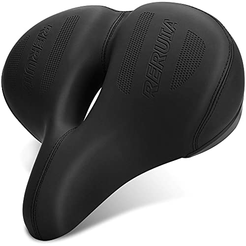 Large Comfortable Bike Seat Wide Saddle Shock Absorbing - Oversized Memory Foam Padded Exercise Bicycle Seat Waterproof Leather Cover - Universal Soft Replacement Cycling Cushion for Men Women