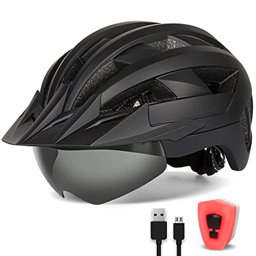 Adult Bike Helmet with Visor and Goggles for Men Women Mountain Road Bicycle Helmet Rechargeable Rear Light Cycling Helmet
