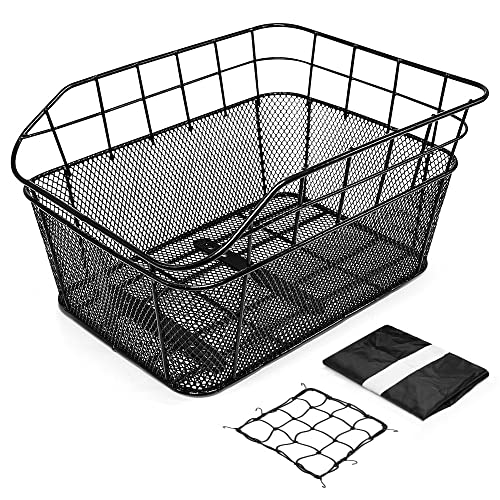 ANZOME Rear Bike Basket, Waterproof Metal Wire Bicycle Basket with Adjustable Cargo Net and Waterproof Rainproof Cover Fits to Most Rear Bike Racks