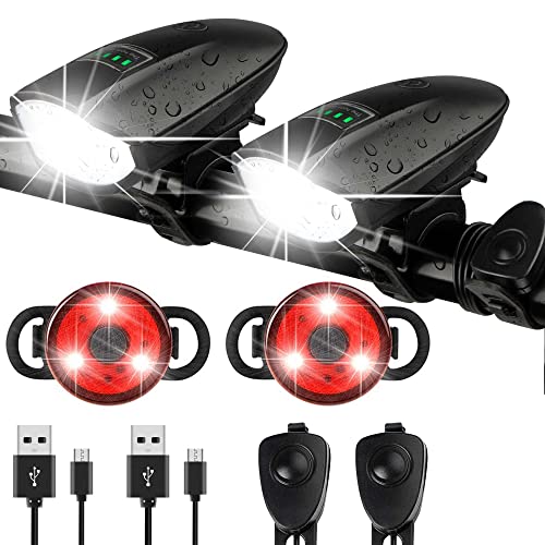 Bike Lights Set with Horn 1400LM USB Rechargeable Bicycle Headlight & Tail Light & Horn Waterproof 3 Lighting Modes Fits Bicycles for Road and Mountain