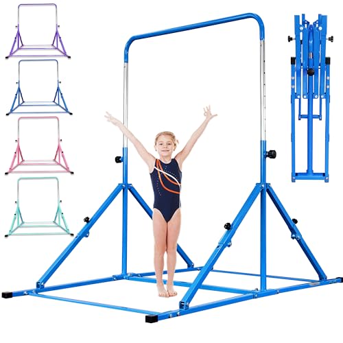 Foldable Gymnastic Bar for Kids Ages 3-12, 9 Height Levels, 200 lbs Weight Capacity, 5 Ft Length Gymnastic Kip Bar with Mat, Gymnastic Equipment for Home and Gym Center Indoor Outdoor Use