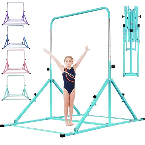 Foldable Gymnastic Bar for Kids Ages 3-12, 9 Height Levels, 200 lbs Weight Capacity, 5 Ft Length Gymnastic Kip Bar with Mat, Gymnastic Equipment for Home and Gym Center Indoor Outdoor Use