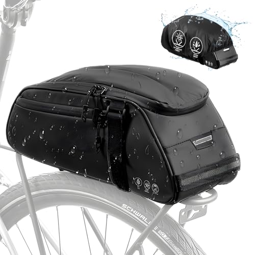 WOTOW Reflective Rear Rack Bag, Water Resistant Bike Saddle Bag Panniers for Bicycles Ebike, 8L Trunk Storage Bag, Cycling Back Seat Cargo Carrier Pouch With Shoulder Strap (With Rain Cover)