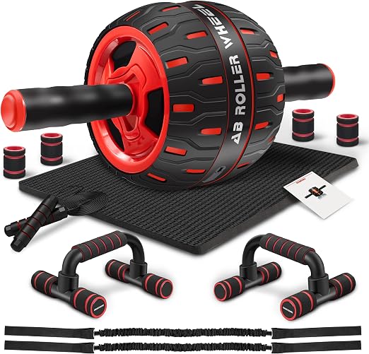 Ab Workout Equipment, Ultra Ab Roller Wheel Kit, Large Ab Roller with Resistance Bands, Push Up Bar, Jump Rope, Grip Strength Trainer, Pulling Rope, Ab Mat, Perfect for Home & Gym Fitness Equipment