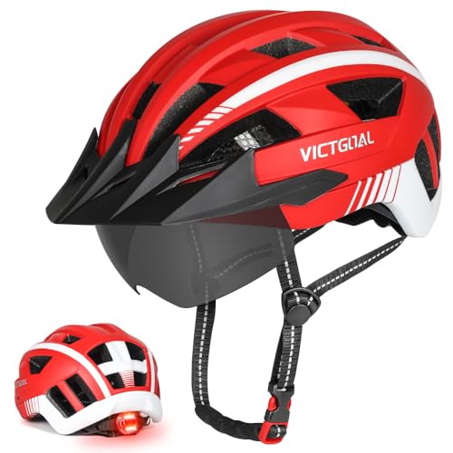 VICTGOAL Bike Helmet for Men Women with Led Light Detachable Magnetic Goggles Removable Sun Visor Mountain & Road Bicycle Helmets Adjustable Size Adult Cycling Helmets