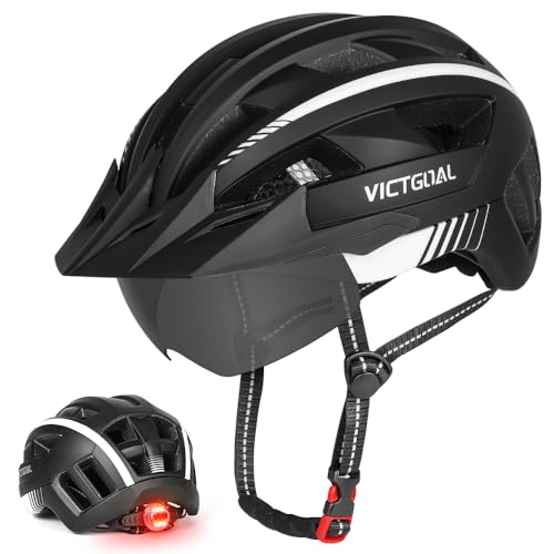 VICTGOAL Bike Helmet for Men Women with Led Light Detachable Magnetic Goggles Removable Sun Visor Mountain & Road Bicycle Helmets Adjustable Size Adult Cycling Helmets