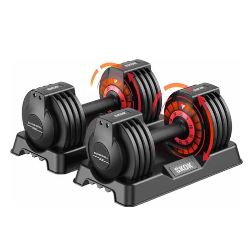 SKOK 25/55 lbs Pair Adjustable Dumbbells Set, Adjustable Weights Dumbbells Set for Men and Women with Anti-Slip Fast Adjust Weight by Turning Handle,Black Dumbbell with Tray