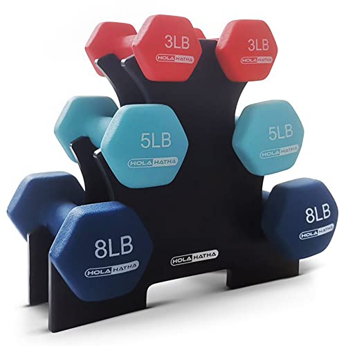 HolaHatha 2, 3, 5, 8, and 10 Pound Neoprene Dumbbell Free Hand Weight Set with Rack, Ideal for Home Exercises to Gain Tone and Definition, Pastel
