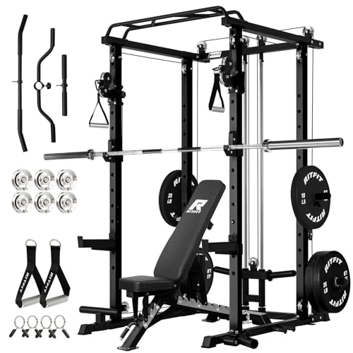 RitFit Multi-Function Squat Rack Power Cage PPC03 with Cable Crossover System, 1000LBS Capacity Power Rack and Packages with Optional Weight Bench, Barbell Weight Set, for Garage Workout & Home Gym