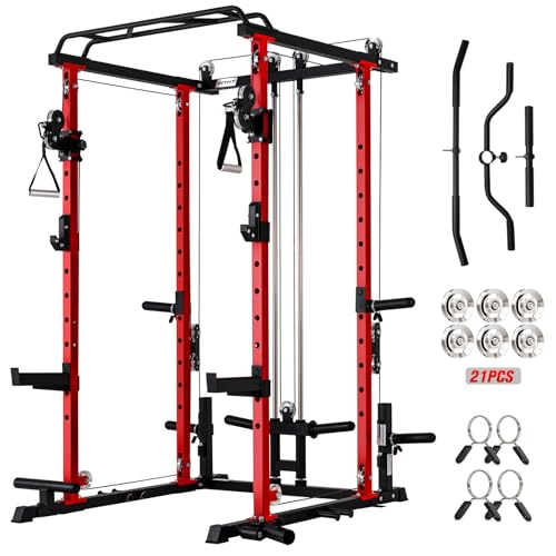 RitFit Multi-Function Squat Rack Power Cage PPC03 with Cable Crossover System, 1000LBS Capacity Power Rack and Packages with Optional Weight Bench, Barbell Weight Set, for Garage Workout & Home Gym
