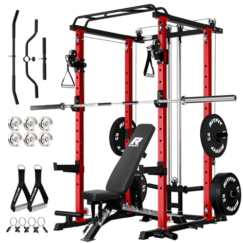 RitFit Multi-Function Squat Rack Power Cage PPC03 with Cable Crossover System, 1000LBS Capacity Power Rack and Packages with Optional Weight Bench, Barbell Weight Set, for Garage Workout & Home Gym